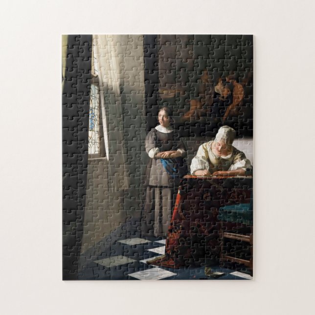 Vermeer - Dam skriver ett Brev med sitt Maid Pussel (Vertikal)