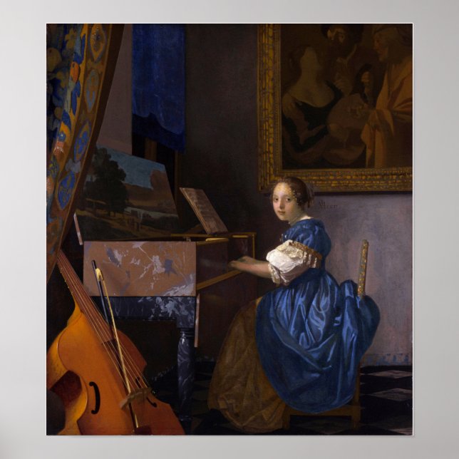 Vermeer - Dam som sitter vid en virginal 1675 Poster (Framsidan)