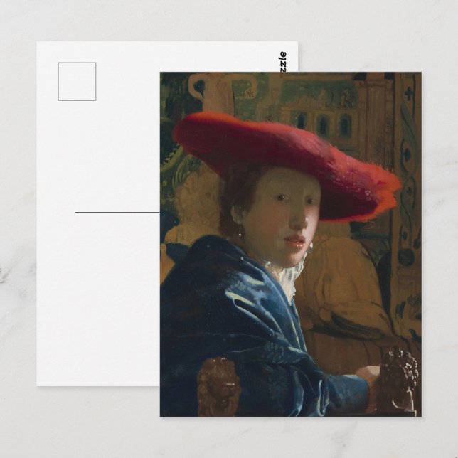 Vermeer - flicka med Red Hat Fine Art Vykort (Fram/baksida)