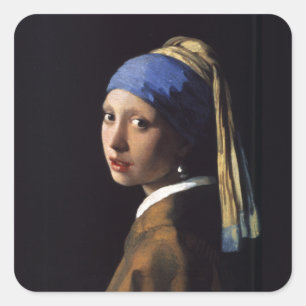 Vermeer Girl Pearl Earring Masterbit Painting Fyrkantigt Klistermärke