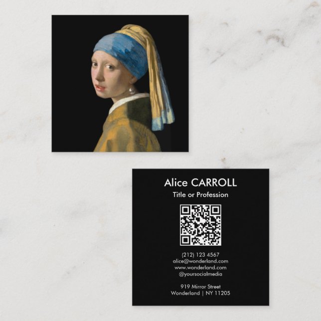 Vermeer - Girl with a Pearl Earring - QR Code Fyrkantigt Visitkort (Fram/baksida)