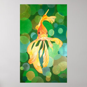 Vermilion Goldfish Swimming in Grönt Bubbles Poster