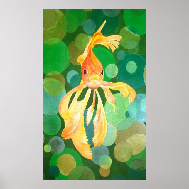 Vermilion Goldfish Swimming in Grönt Bubbles Poster (Framsidan)