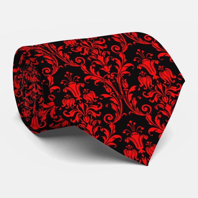 Vermiljon Red Black Blommigt Damask Slips (Rullad)