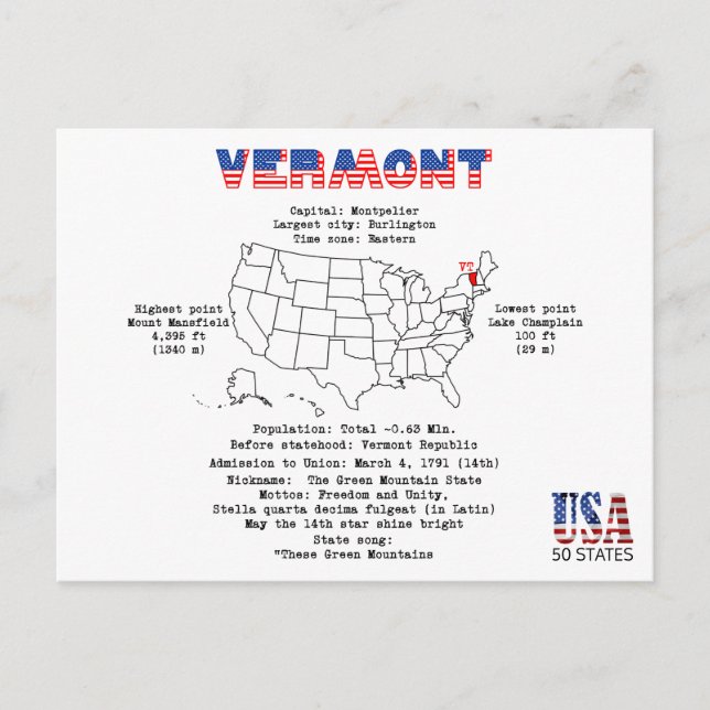 Vermont American State på karta och användbar info Helg Vykort (Framsida)