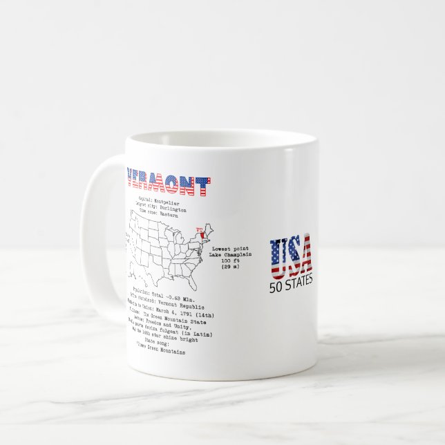 Vermont American State på karta och användbar info Kaffemugg (Framsida vänster)