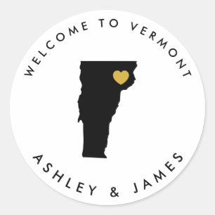 Vermont Bröllop Welcome Sticker Märkre, Black, Gul Runt Klistermärke