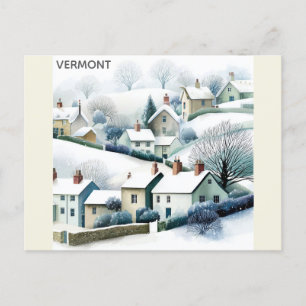 Vermont Snowy Winter Village Travel Illustration Vykort
