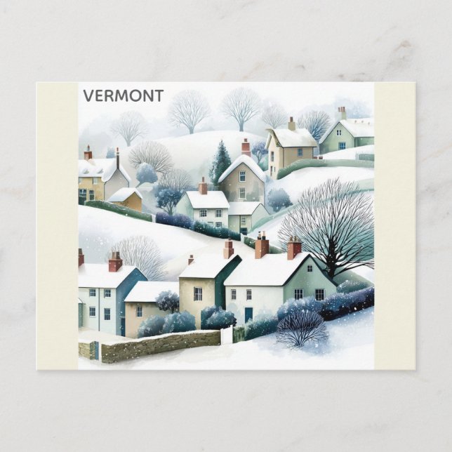 Vermont Snowy Winter Village Travel Illustration Vykort (Framsida)