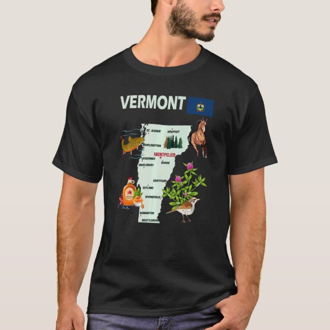 Vermont State Karta Symbols Major Cities Flagga Us T Shirt (Framsida)