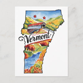Vermont USA State Shaped Vintage Watercolor Vykort