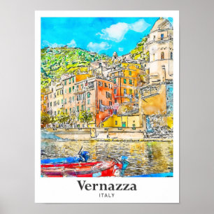 Vernazza Italien Travel Watercolor Sketch Hand plo Poster