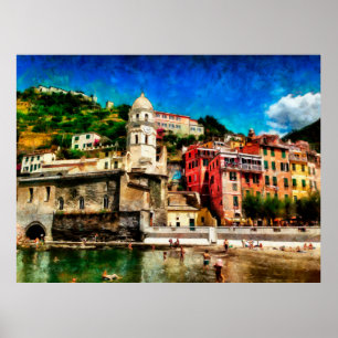 Vernazza, Italien. Vattenfärgskontur för målning Poster