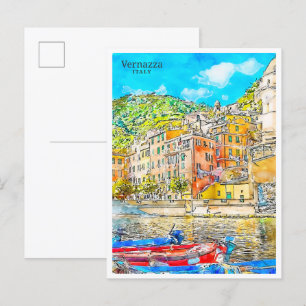 Vernazza Italien vintage resor vattenfärg Vykort