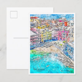 Vernazza Italien vintage resor vattenfärg Vykort