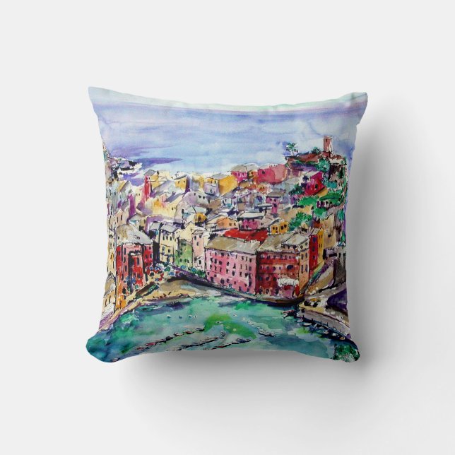 Vernazza Italien Watercolor Art Pillow Kudde (Framsida)