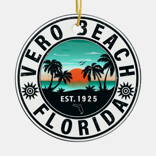 Vero Beach Florida Handflatan Träd Retro Sunset So Julgransprydnad Keramik (Framsidan)