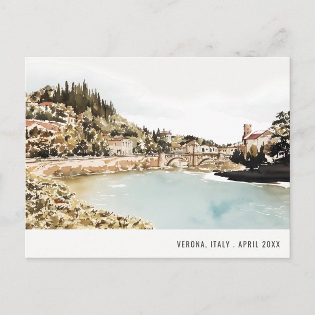 Verona Adige River Italien Watercolor Italy Travel Vykort (Framsida)