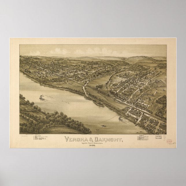 Verona - Oakmont Penn 1896 Antique Panoramic Karta Poster (Framsidan)