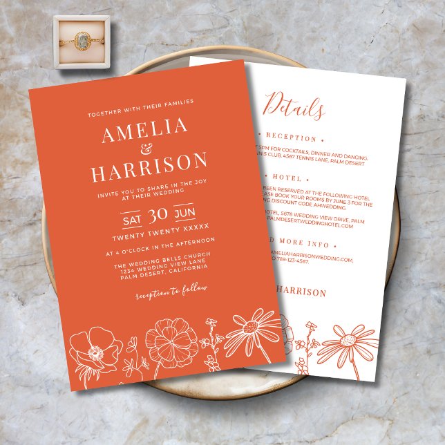 Verona Sunset Blommigt allt på ett Elegant bröllop Inbjudningar (Verona Sunset Floral All In One Elegant Wedding Invitation with Details, RSVP, Reception, Hotel)