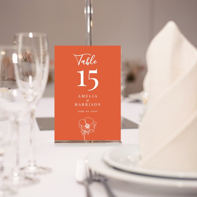 Verona Sunset Blommigt Bröllop Small Bordsnummer (Verona Sunset Floral Orange Wedding Small Table Number with Line Art Flower.)