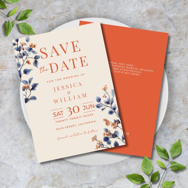 Verona Sunset Navy Blue Blommigt Bröllop Spara Datumet (Verona Sunset Navy Blue Watercolor Floral Wedding Save the Date with Orange and Dark Blue.)