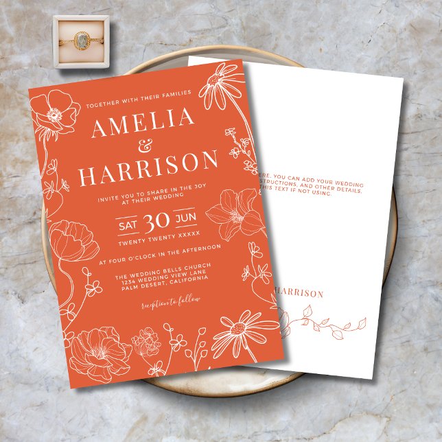 Verona Sunset Orange Blommigt Line Art Bröllop Inbjudningar (Verona Sunset Orange Floral Line Art Wedding Invitation with Optional Text on Back.)