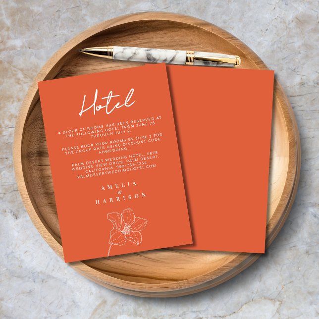 Verona Sunset Orange Elegant Blommigt Bröllop Hote Tilläggskort (Verona Sunset Orange Elegant Floral Wedding Hotel Enclosure Card with Line Art Flower, Script Text.)
