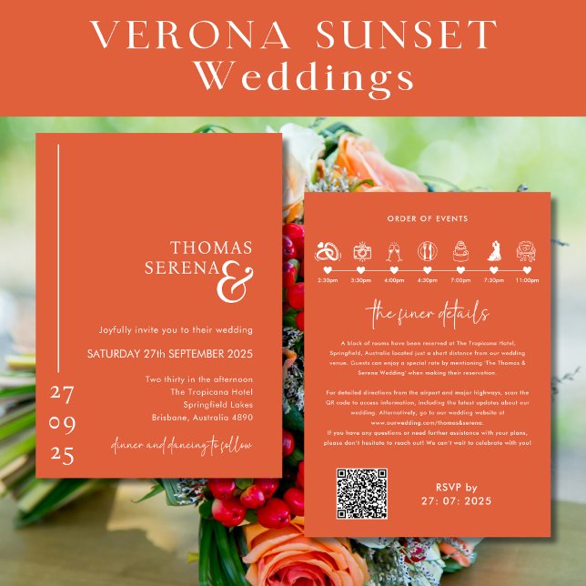 Verona Sunset Orange QR Code Timeline Itinerary Inbjudningar (Skapare uppladdad)