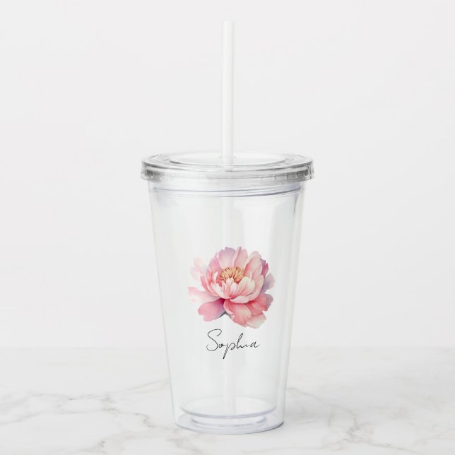 Verre personnalisé Pivoine aquarelle rose prénom Take Away Mugg (Framsida)