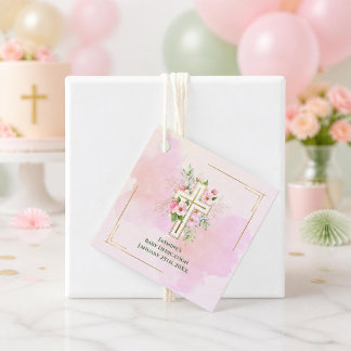 Vers Pink Vattenfärg Blommig Kors Baby-dop Present Gåvor Etiketter
