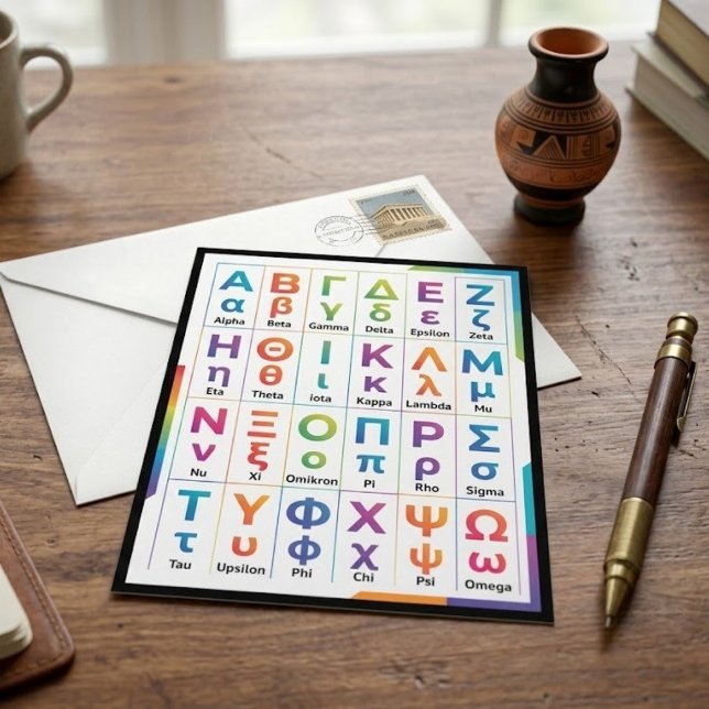 (Versaler och gemener) Färgglatt grekiskt alfabet  Vykort (Send greek life Order greek alphabet greeting cards)