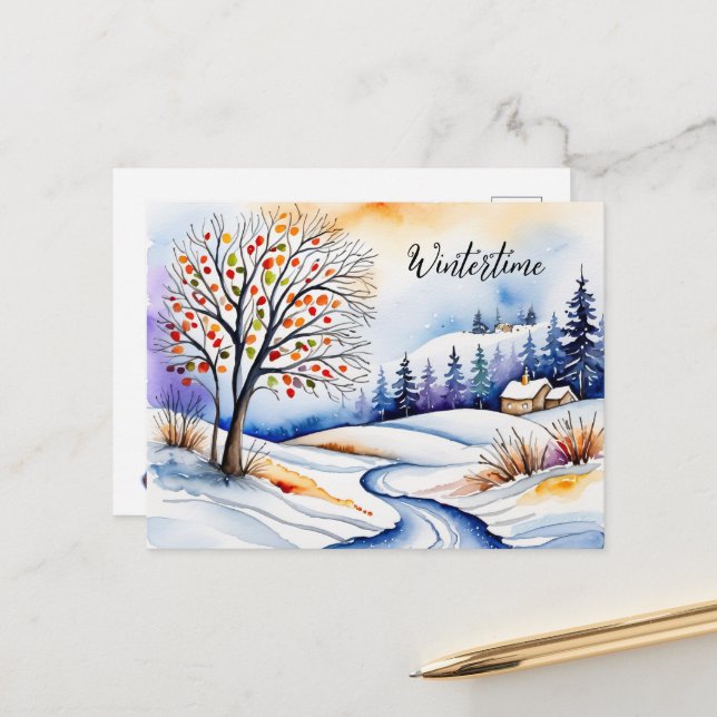 Verschneite Landschaft - Haus am Waldrand | Vykort (Fram/Back In Situ)