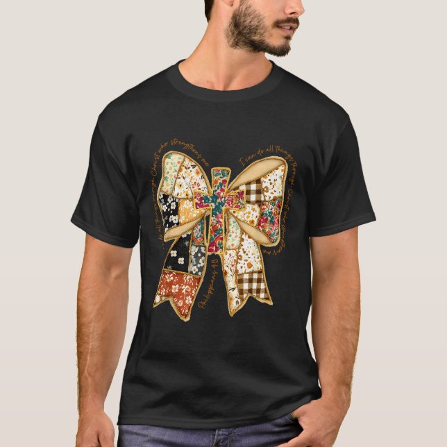 Verse Bible Coquette Christian Jesus Bow Patchwork T Shirt (Framsida)