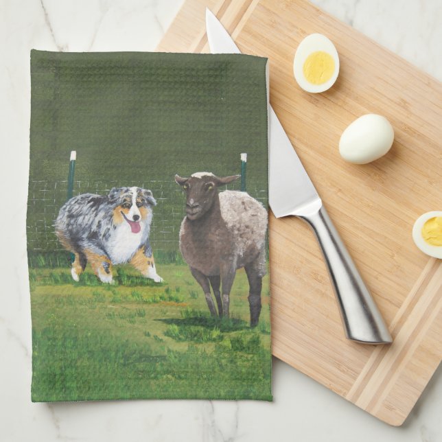 Vert för australian shepherd~-Fetch oljemålning Kökshandduk (Vikt i Fjärdedel)