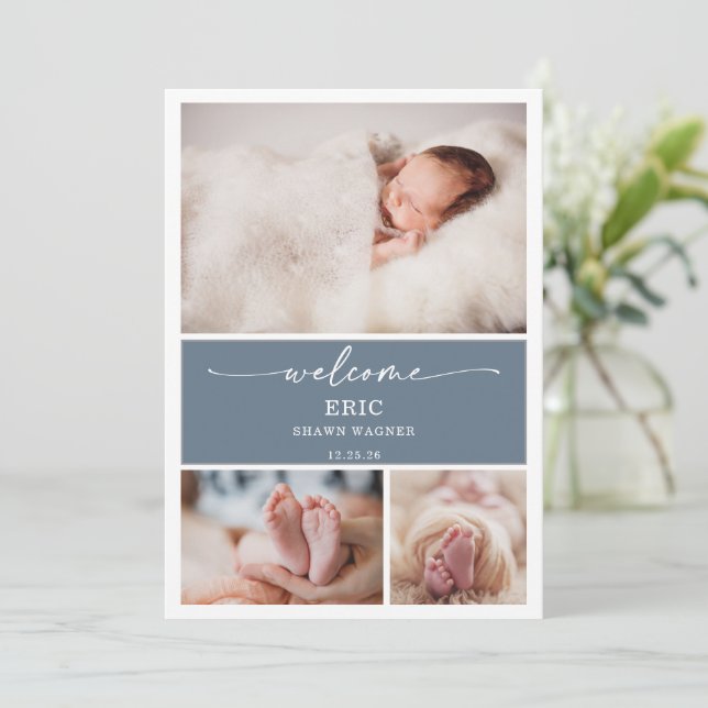  Vertical Slate Blue Photo Baby Announcement Card Inbjudningar (Stående Fram)