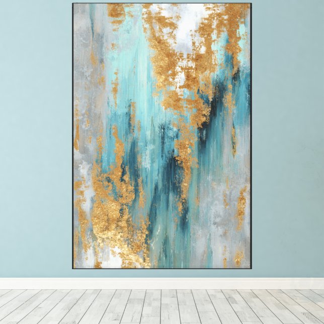 Vertikal Drift: Teal & Guld Abstrakt Canvastryck (Insitu (trägolv))