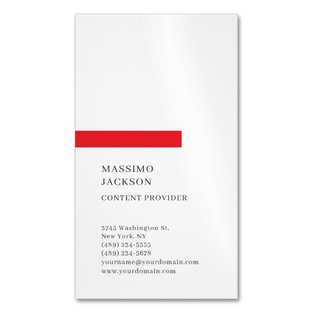 Vertikal enkel svart vit röd minimalistisk  magnetiska visitkort (Framsida vertikal)