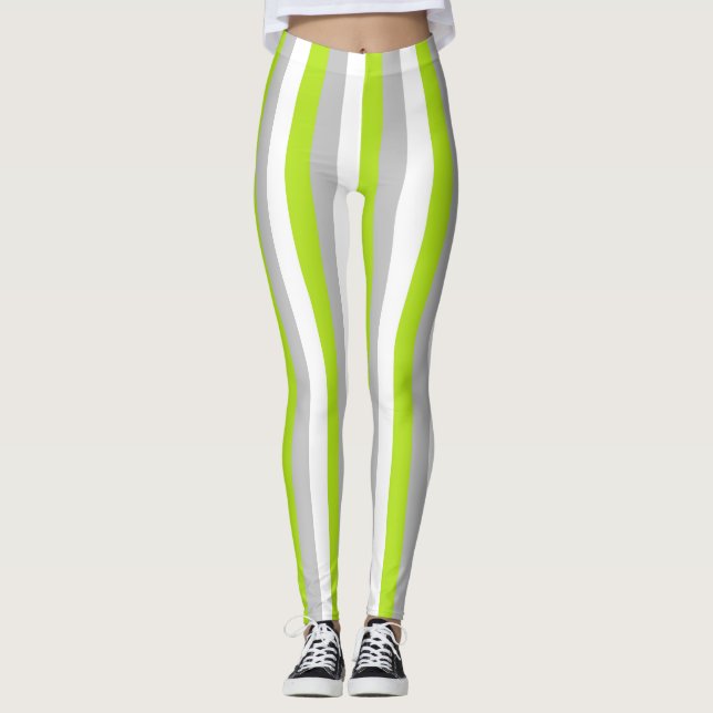 Vertikal limefruktgrönt, silver och vitrandar leggings (Framsida)
