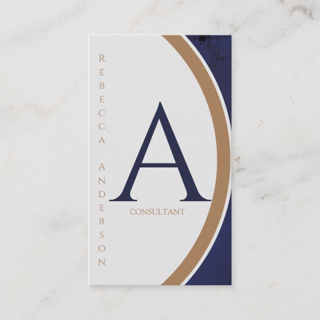 Vertikal Modern Navy, Guld och Vit Monogram Visitkort (Framsida)