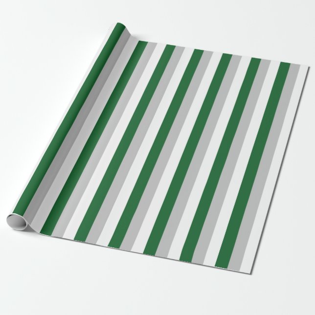 Vertikal skoggrönt, silver och vitrandar presentpapper (Utrullad)