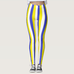 Vertikala blått-, gult- och vitrandar leggings