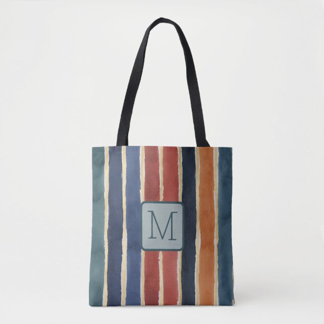 Vertikala breda randiga Teal Färgblock Monogram Tygkasse (Framsida)