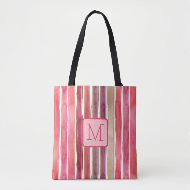 Vertikala randiga rosa färgblockmonogram tygkasse (Framsida)
