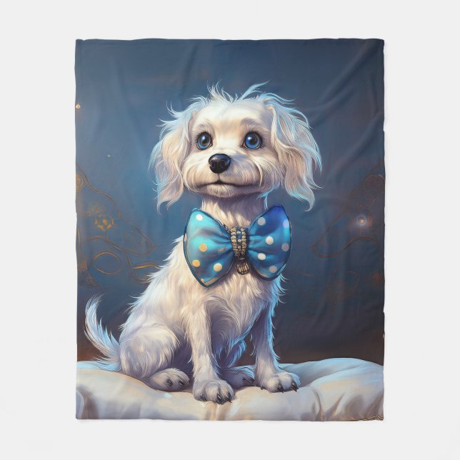 Very Cute Lil Doggie With Blue Bow Tie Fleecefilt (Framsidan)