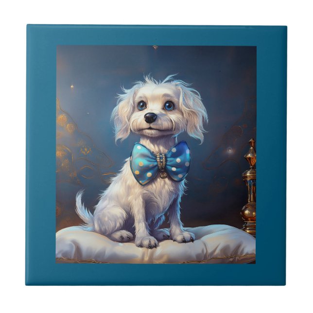 Very Cute Lil Doggie With Blue Bow Tie Kakelplatta (Framsidan)