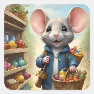 Very cute mouse shopping. fyrkantigt klistermärke