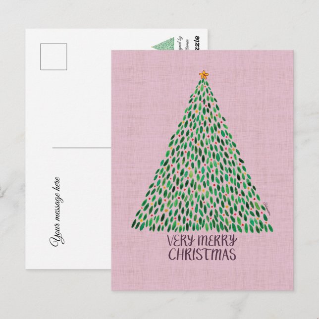 Very Merry Christmas Tree on Pink Postcard Vykort (Fram/baksida)