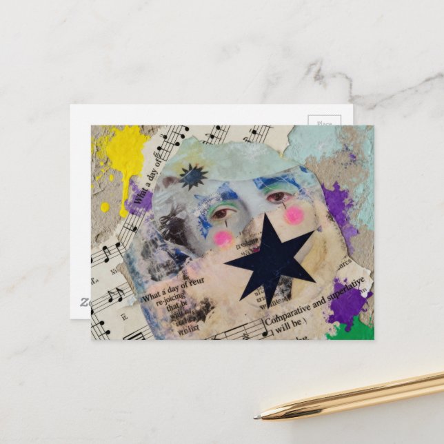 Very Unique colorful person mixed media Collage Vykort (Fram/Back In Situ)