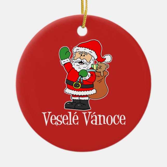 Vesele Vanoce tjeckisk jul (RÖDA) Santa, Julgransprydnad Keramik (Framsidan)